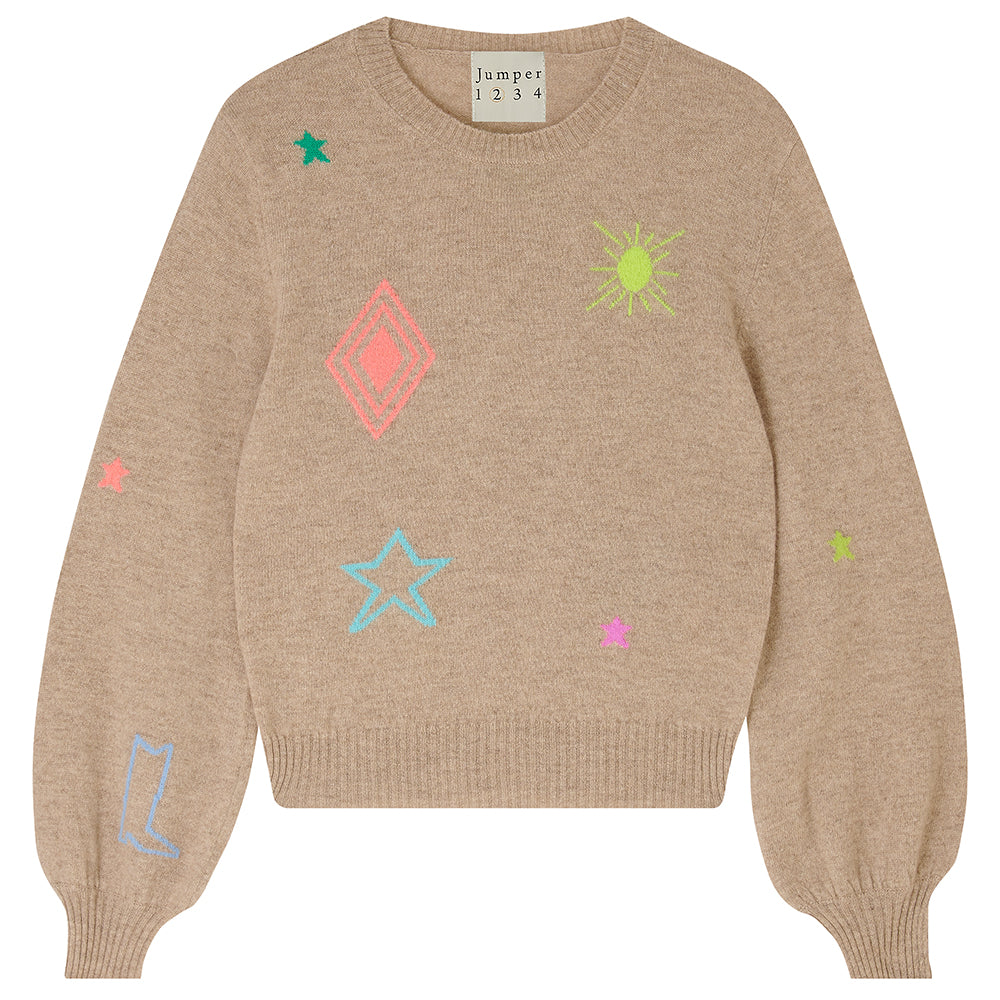 Jumper1234 Organic light brown cashmere jumper with multi coloured cowboy icons back and front with slightly puff sleeves