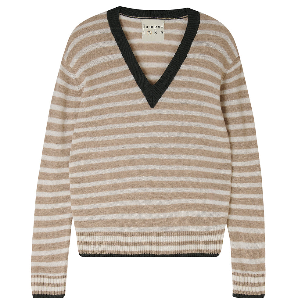 Jumper1234 Organic light brown and cream stripe vee neck cashmere jumper with contrast khaki ribs