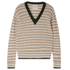 Jumper1234 Organic light brown and cream stripe vee neck cashmere jumper with contrast khaki ribs