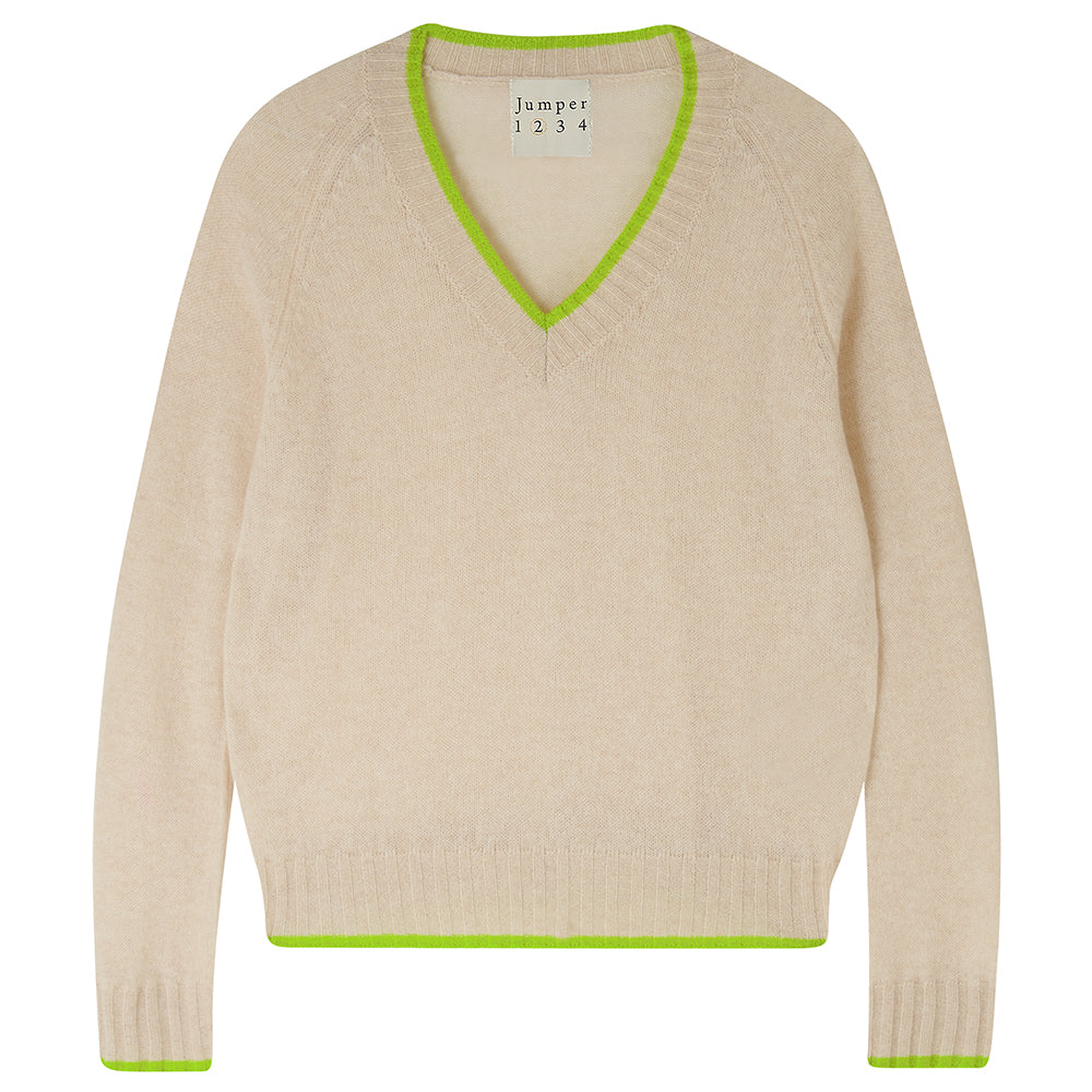 Jumper1234 cashmere vee neck jumper in oatmeal with acid green tipping