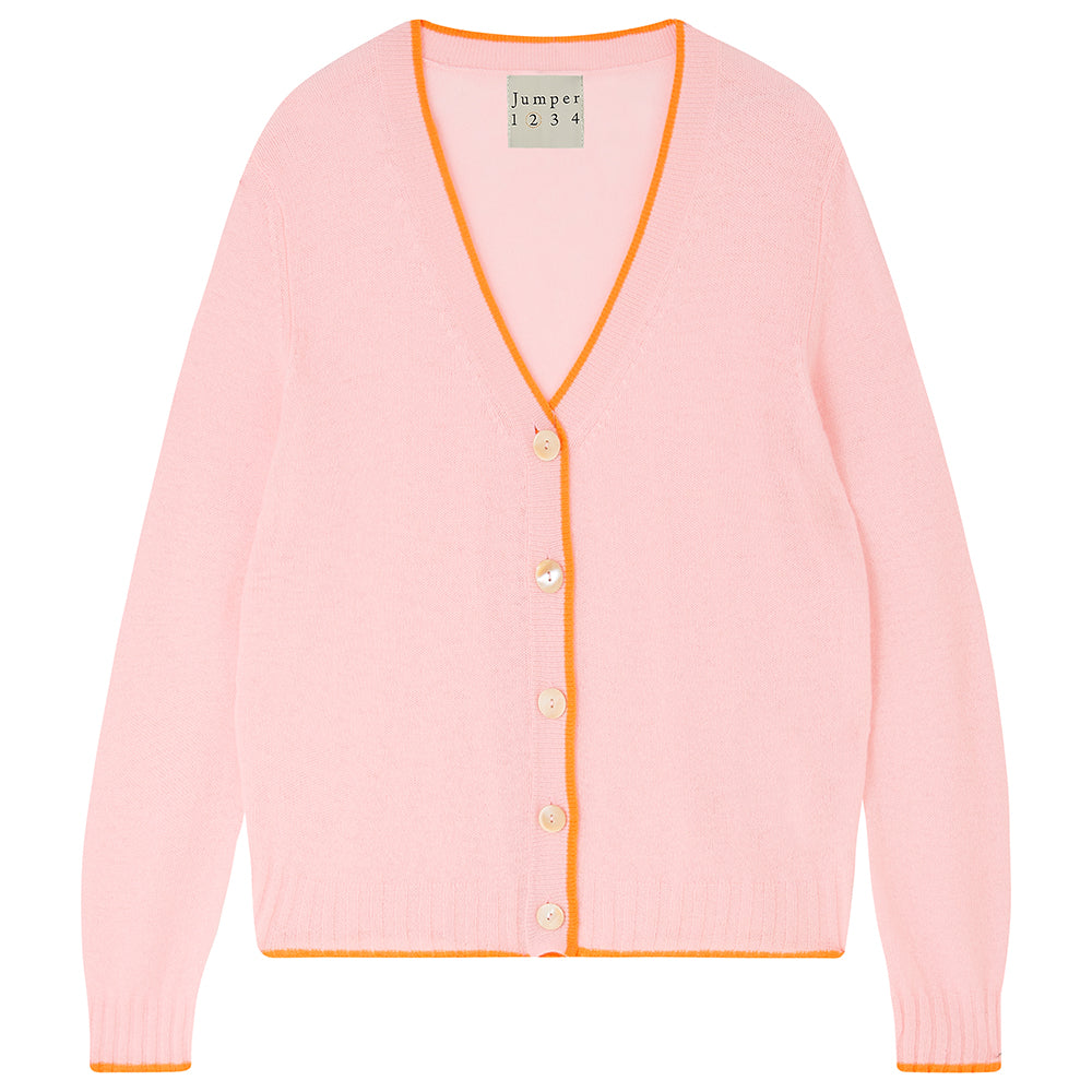 Jumper1234 Pale pink cashmere vee neck cardigan with neon orange tipping