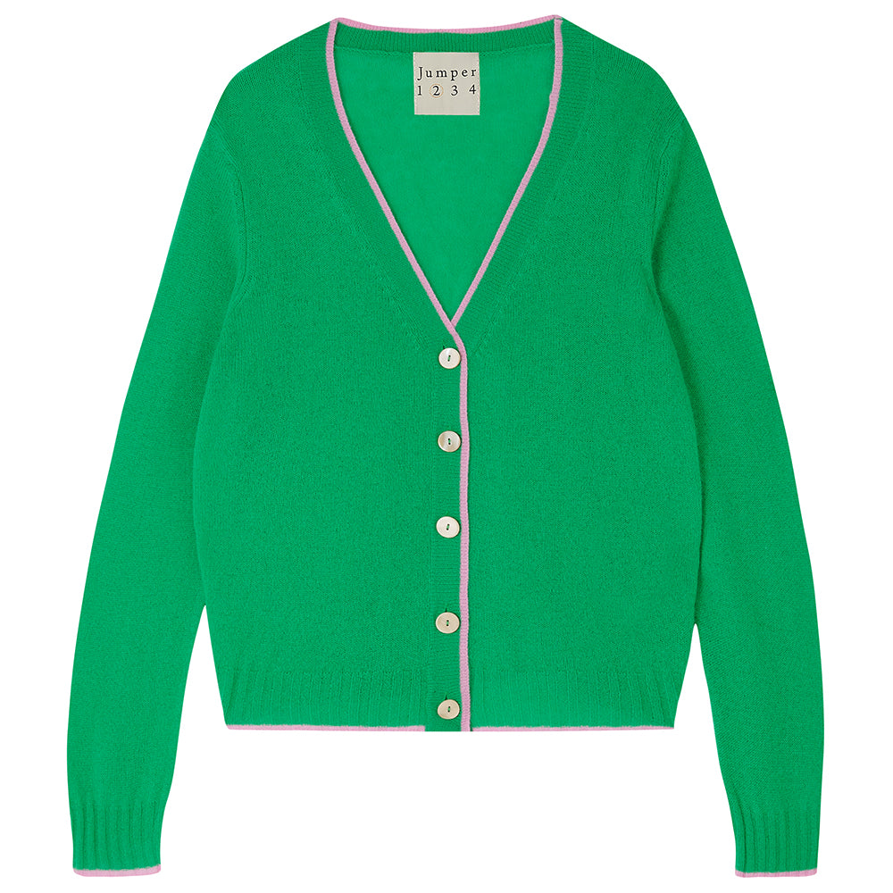 Jumper1234 Bright green cashmere vee neck cardigan with rose pink tipping