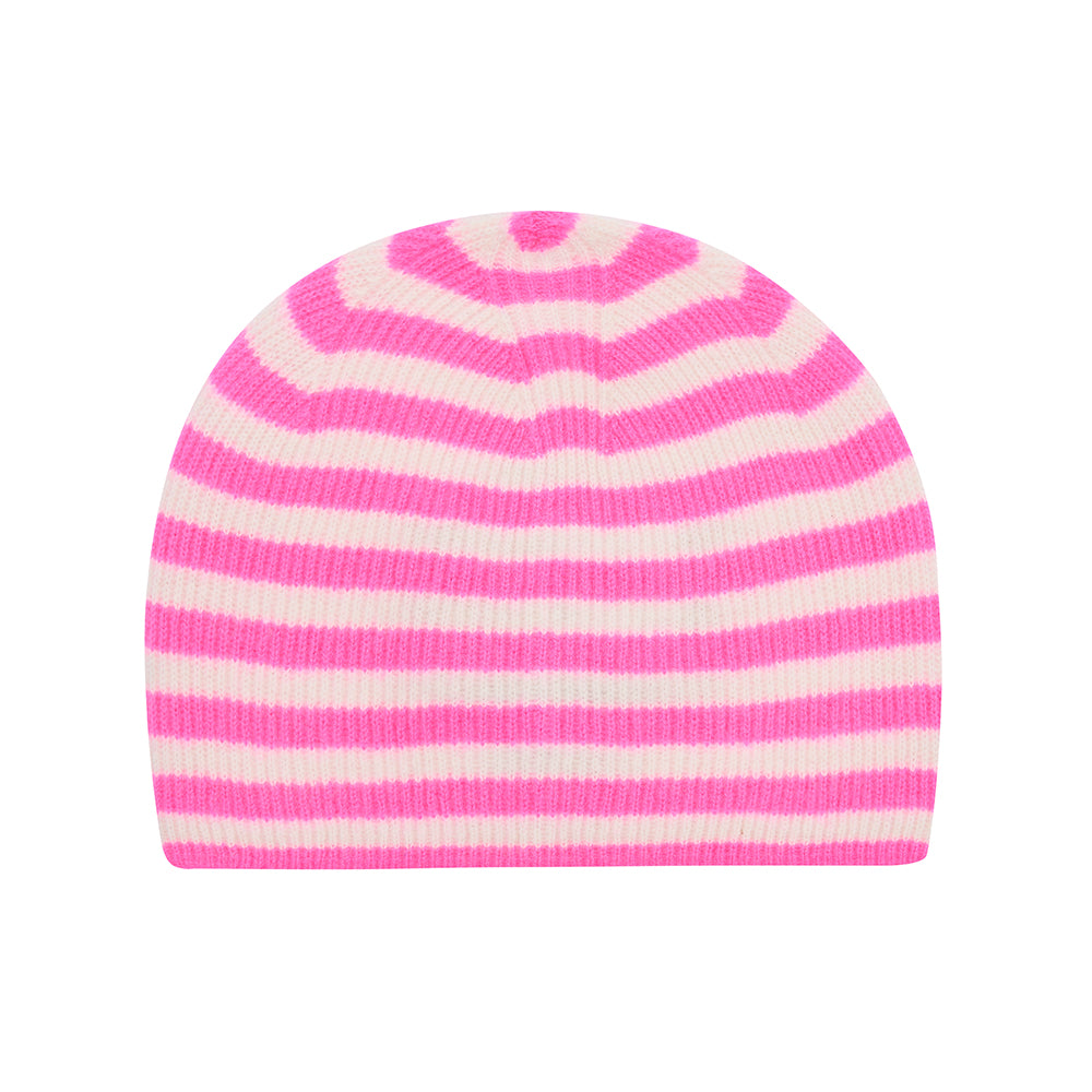 Jumper1234 Cashmere Narrow Stripe Rib Beanie in Hot Pink and Cream
