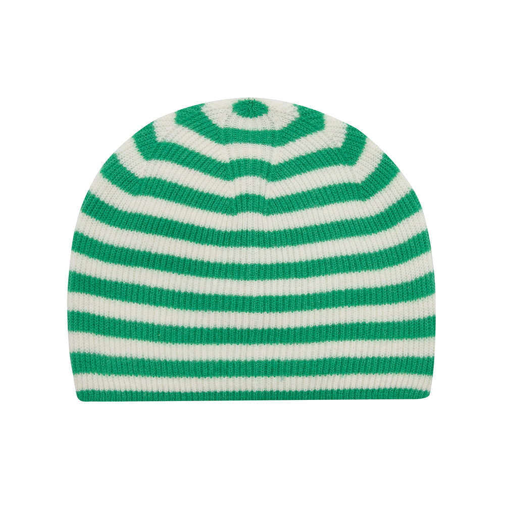 Jumper1234 Cashmere Narrow Stripe Rib Beanie in Bright Green and Cream
