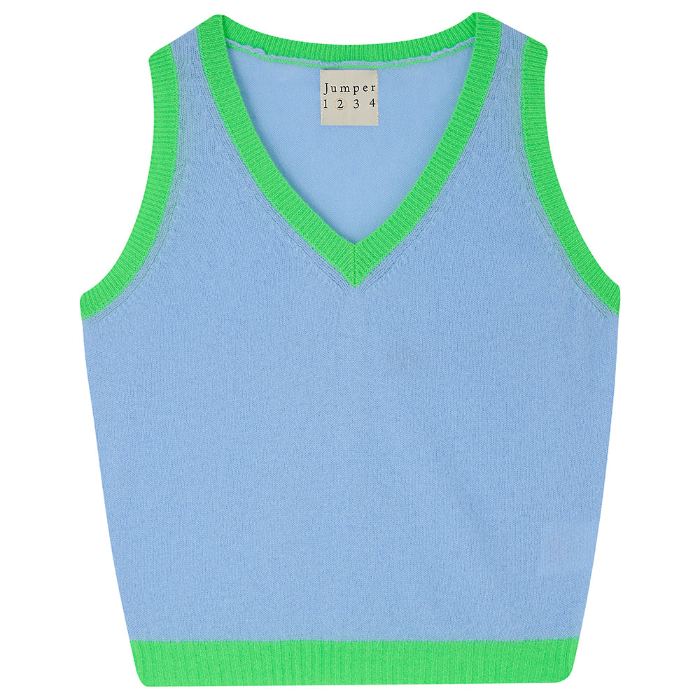 Jumper1234 Wedgewood blue cashmere vee neck tank with contrast neon green ribs