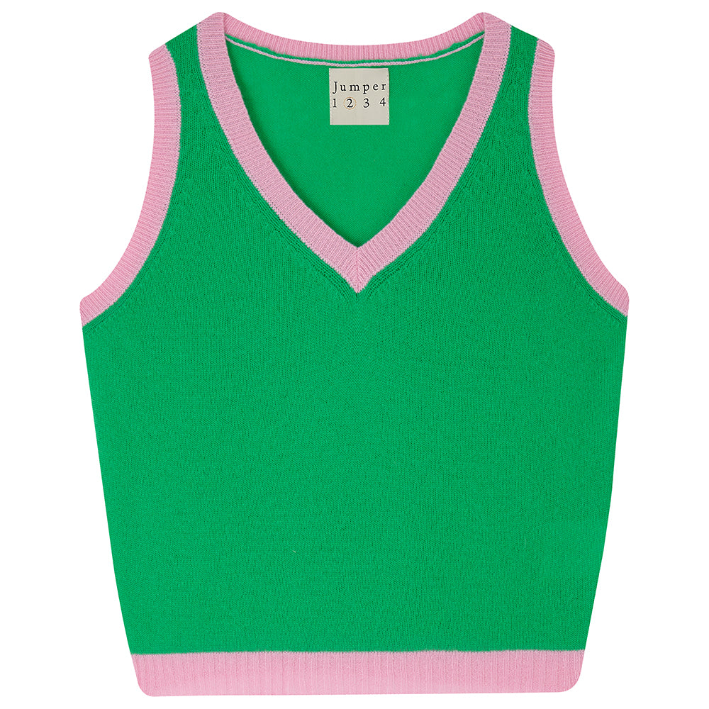 Jumper1234 Bright green cashmere vee neck tank with contrast rose pink ribs