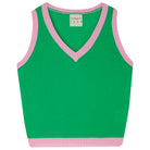 Jumper1234 Bright green cashmere vee neck tank with contrast rose pink ribs