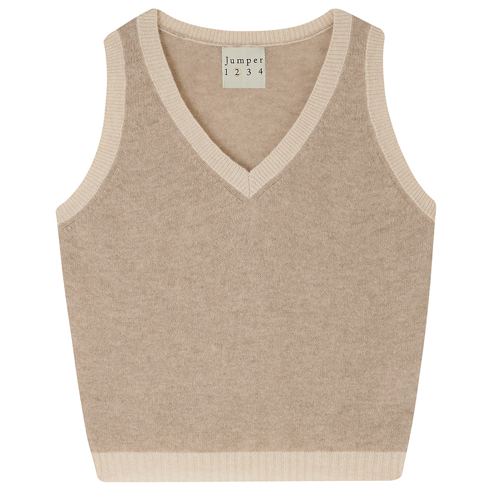 Jumper1234 Organic light brown cashmere vee neck tank with contrast oatmeal ribs