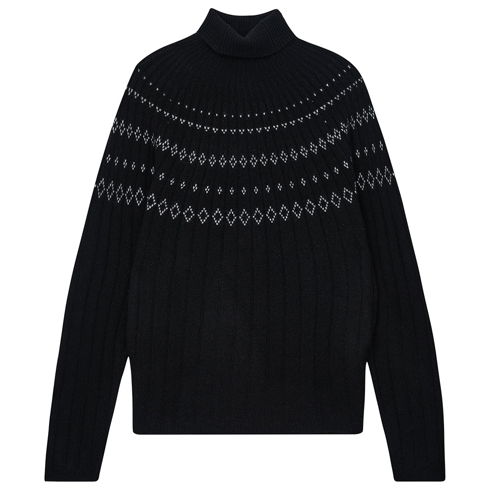 Jumper1234 Cashmere Rib Ski Roll Collar in Black and Cream with fair isle pattern on front and back yolk 