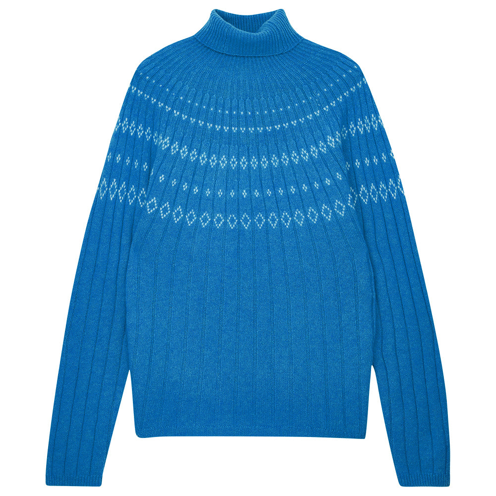 Jumper1234 Cashmere Rib Ski Roll Collar in Sky blue and Cream with fair isle pattern on front and back yolk 