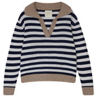 Jumper1234 Navy and cream stripe cashmere jumper with contrast organic light brown collar and trims