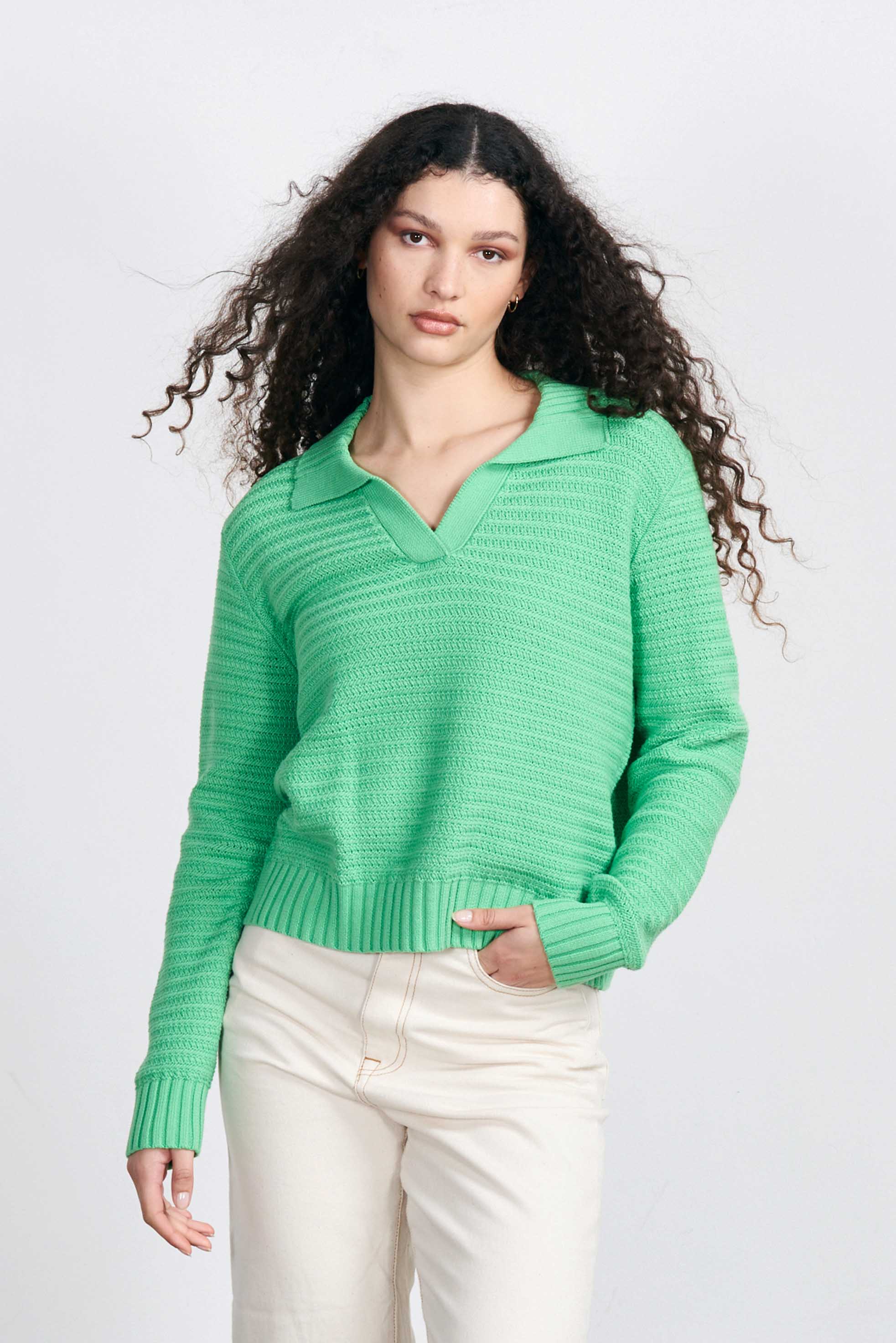 Brown haired female model wearing Jumper1234 Apple green cotton jumper with a collar in a fabulous all over herringbone stitch