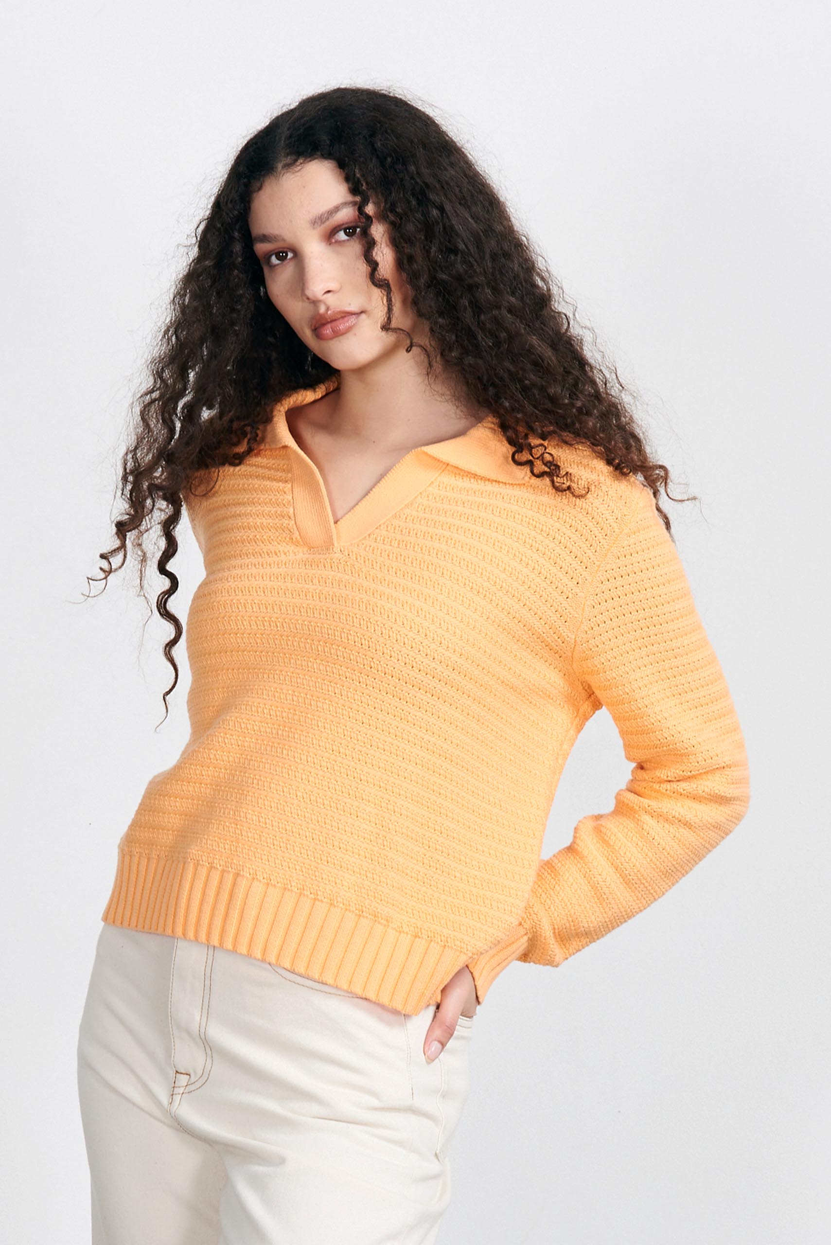 Brown haired female model wearing Jumper1234 Apricot cotton jumper with a collar in a fabulous all over herringbone stitch
