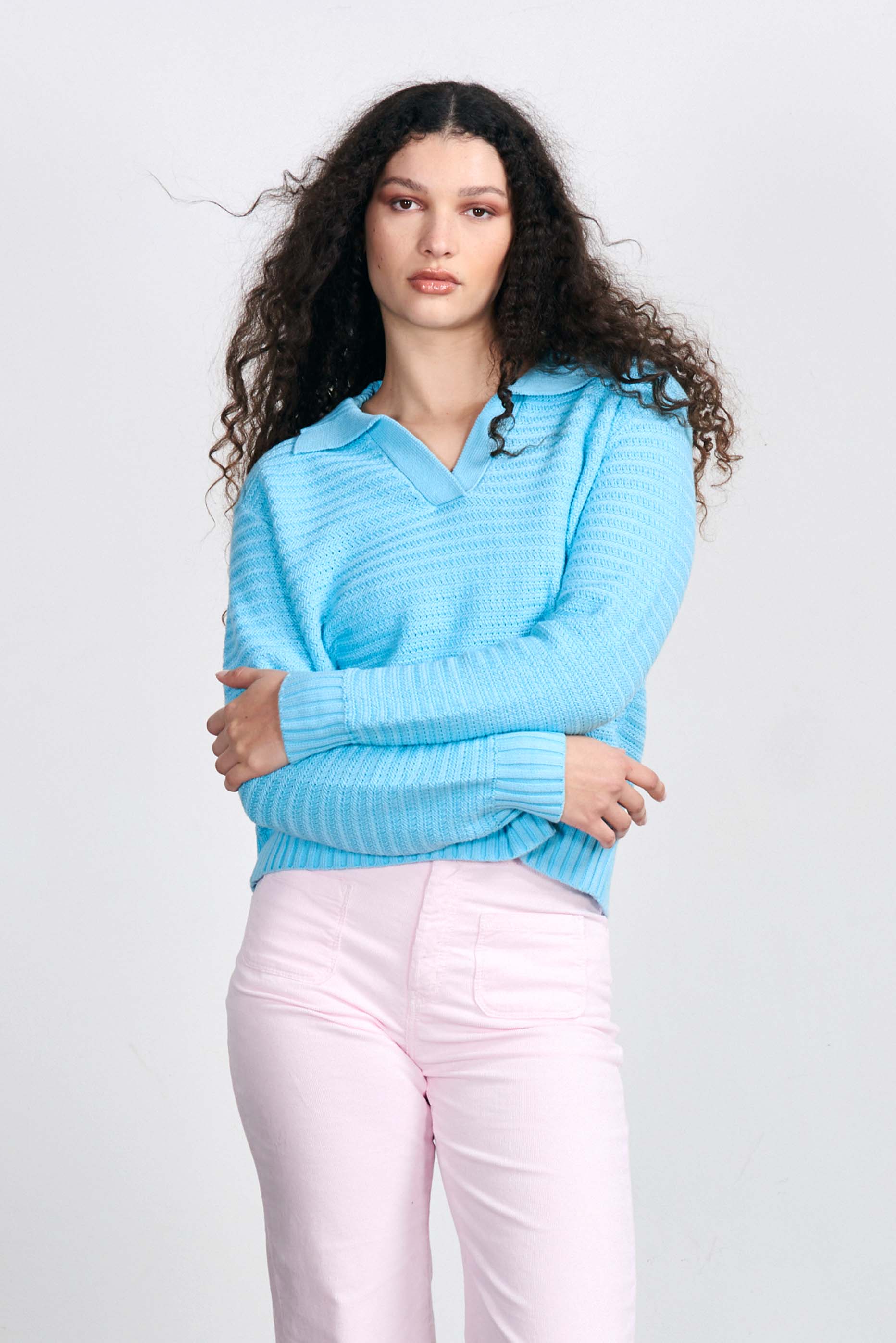 Brown haired female model wearing Jumper1234 Opal blue cotton jumper with a collar in a fabulous all over herringbone stitch