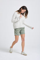 Brown haired female model wearing Jumper1234 Silver cotton jumper with a collar in a fabulous all over herringbone stitch