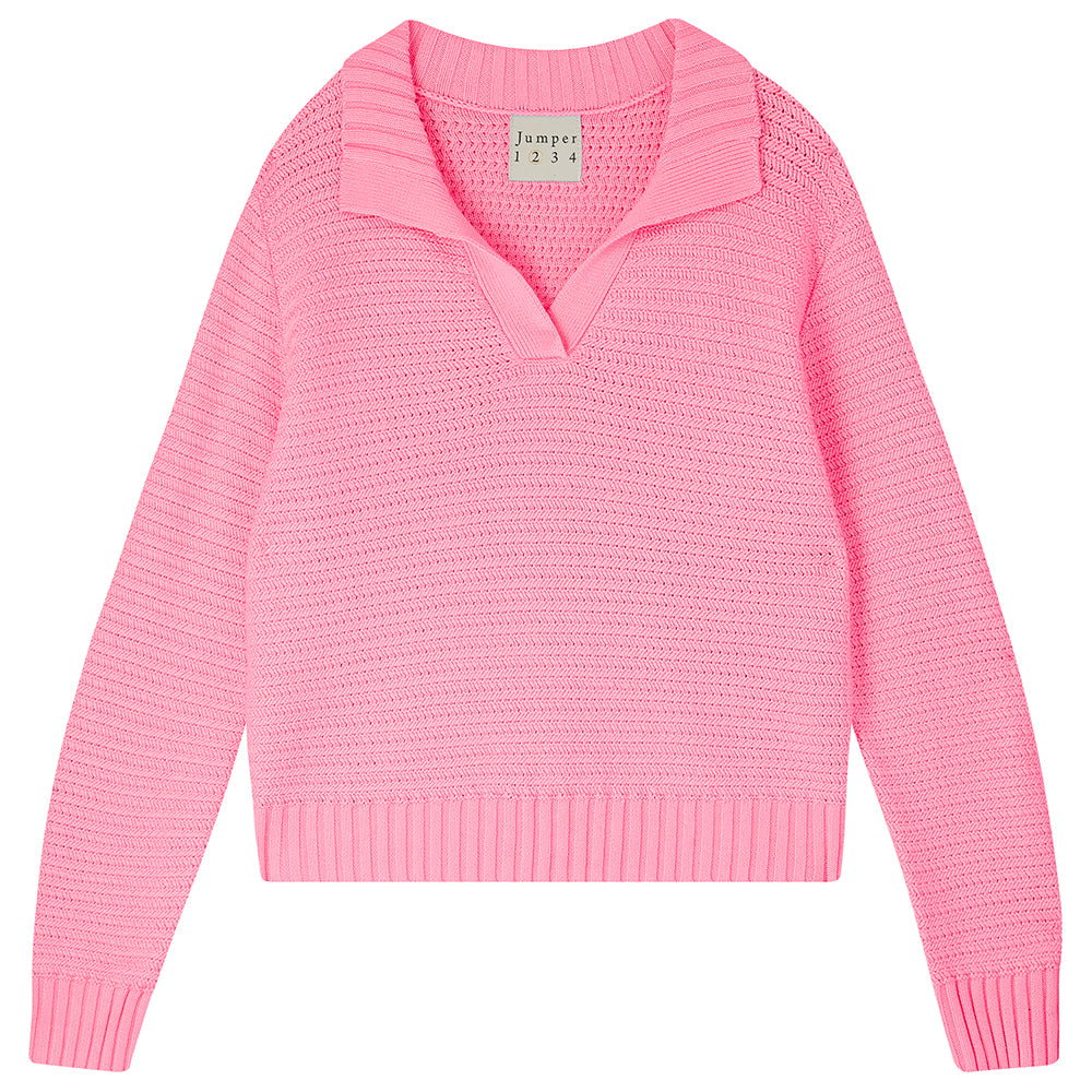 Jumper1234 Pink cotton jumper with a collar in a fabulous all over herringbone stitch