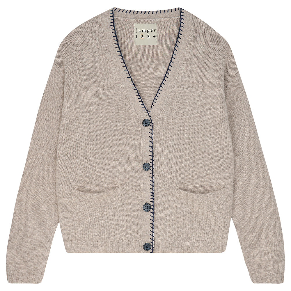 Jumper1234 Cashmere vee neck cardigan in organic light brown with contrast navy blanket stitch detail