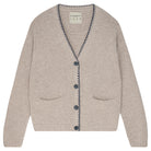 Jumper1234 Cashmere vee neck cardigan in organic light brown with contrast navy blanket stitch detail