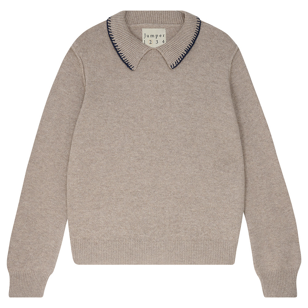 Jumper1234 Heavier weight cashmere jumper with a collar in organic light brown with contrast navy blanket stitch detail
