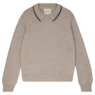 Jumper1234 Heavier weight cashmere jumper with a collar in organic light brown with contrast navy blanket stitch detail