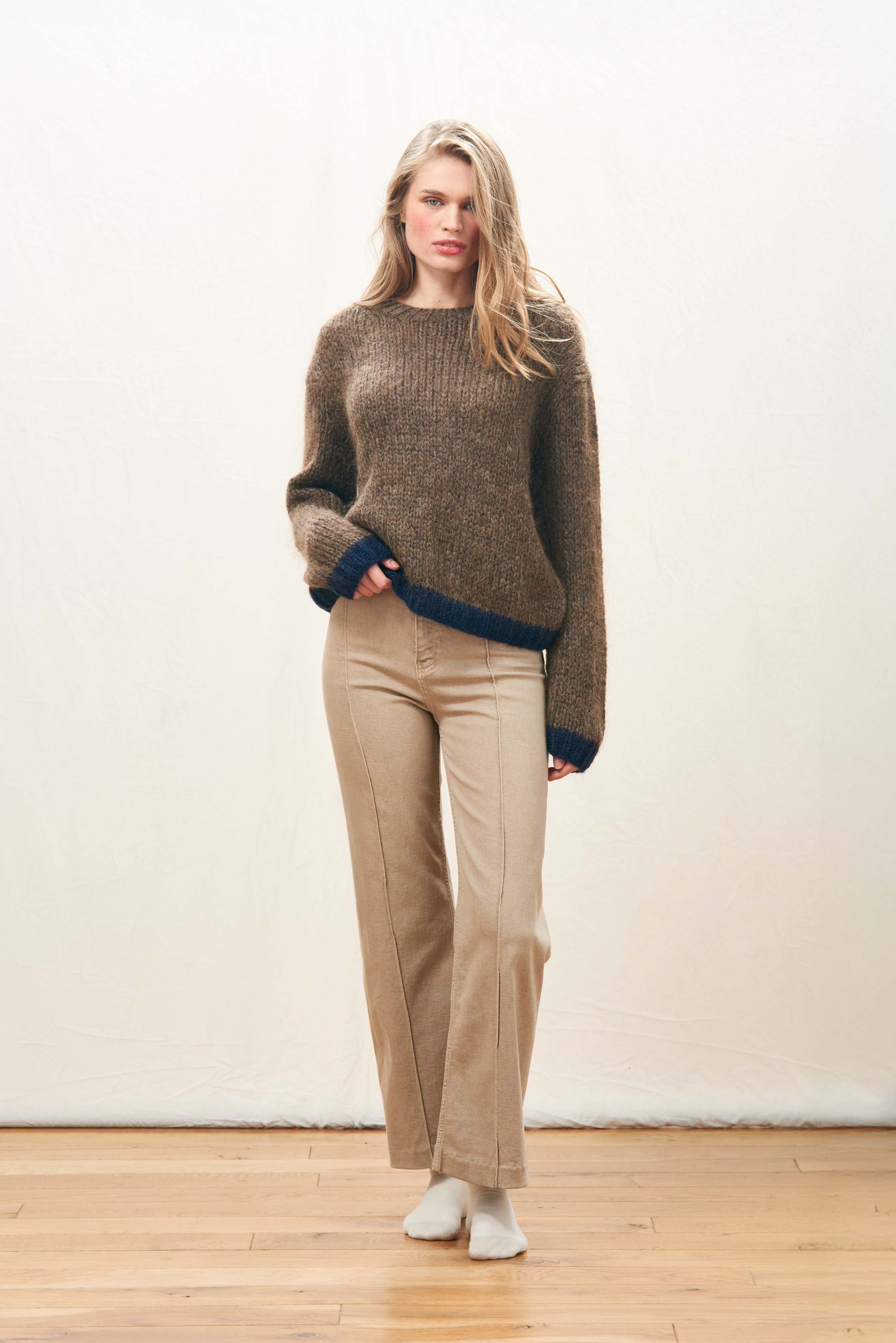 Hand Knit Jumper Tipped Crew in Chocolate & Navy | Jumper 1234