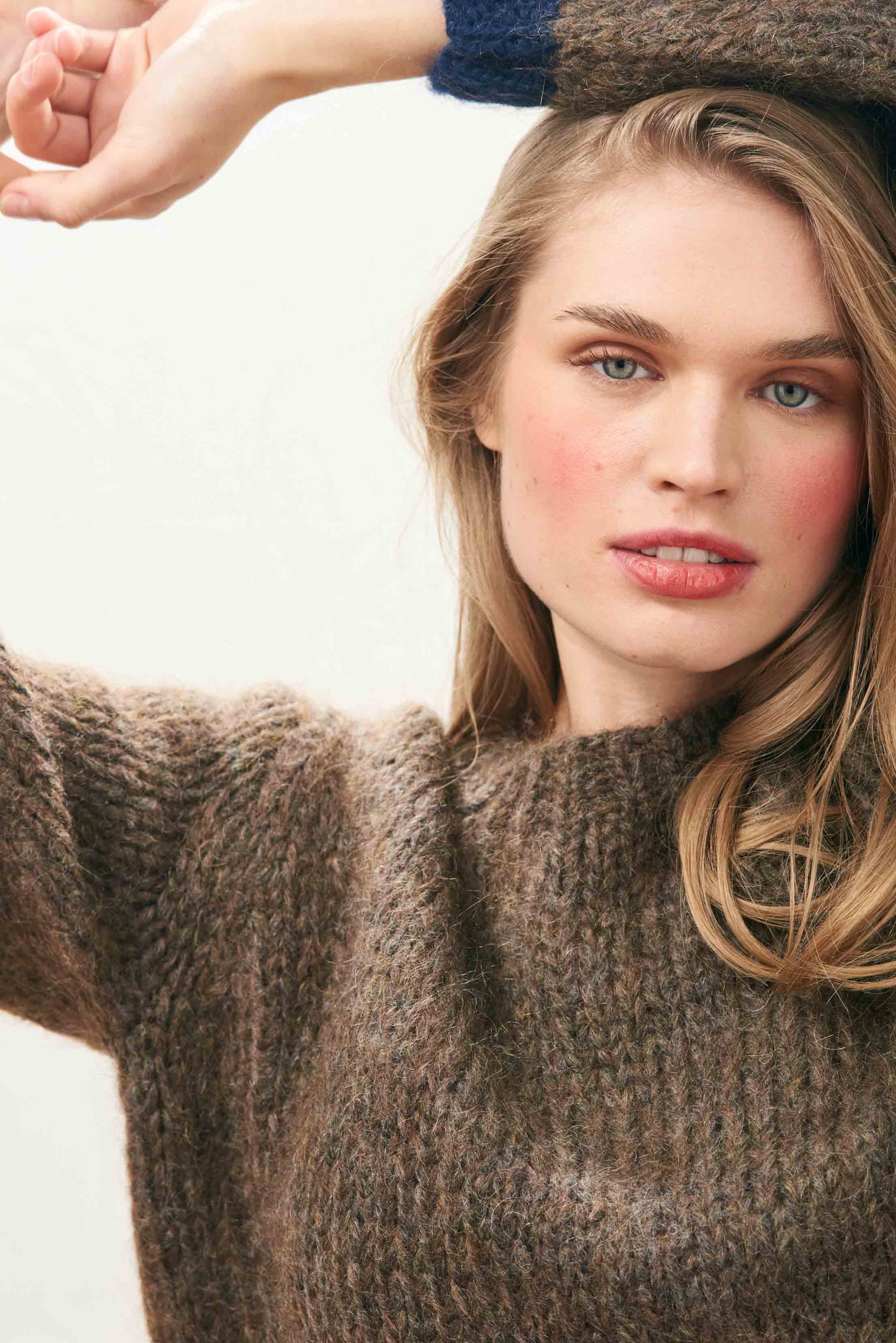 Hand Knit Jumper Tipped Crew in Chocolate & Navy | Jumper 1234