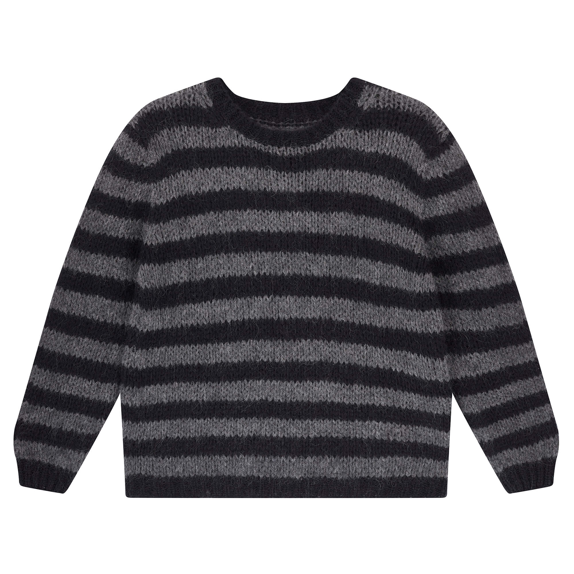 Jumper 1234 hand knitted mohair and wool blend hand knitted crew neck jumper in black and charcoal stripes.