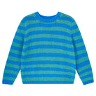 Jumper 1234 hand knitted mohair and wool blend hand knitted crew neck jumper in blue and green stripes.