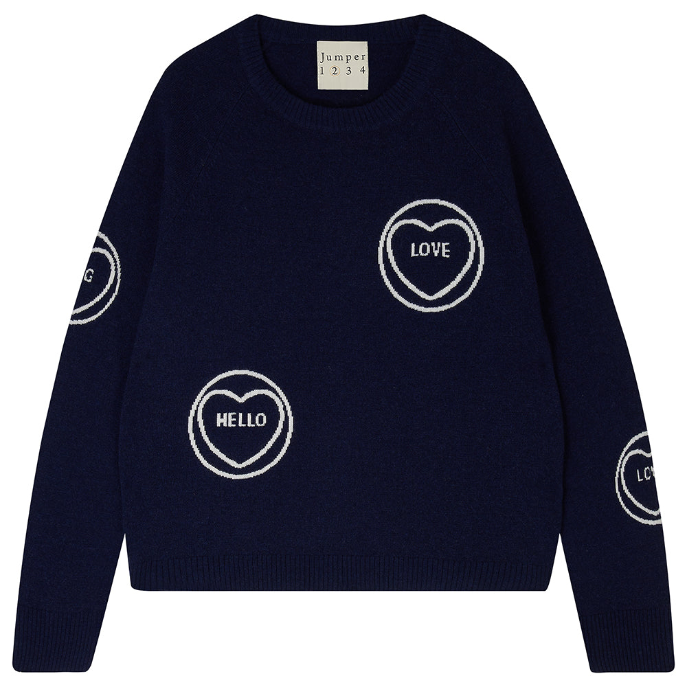 Jumper 1234 Cashmere All Over Love Hearts Sweat in Navy and Cream