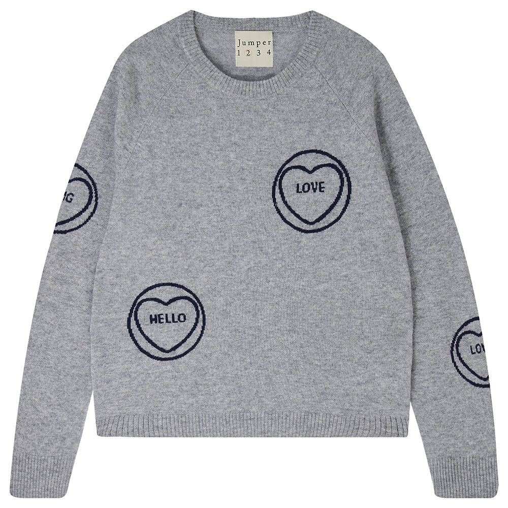 Jumper1234 mid grey cashmere and wool mix crew neck sweatshirt style jumper with all over navy love hearts intarsia