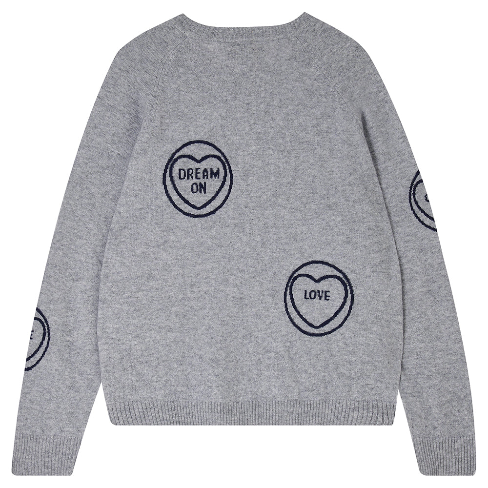 Jumper1234 mid grey cashmere and wool mix crew neck sweatshirt style jumper with all over navy love hearts intarsia back shot