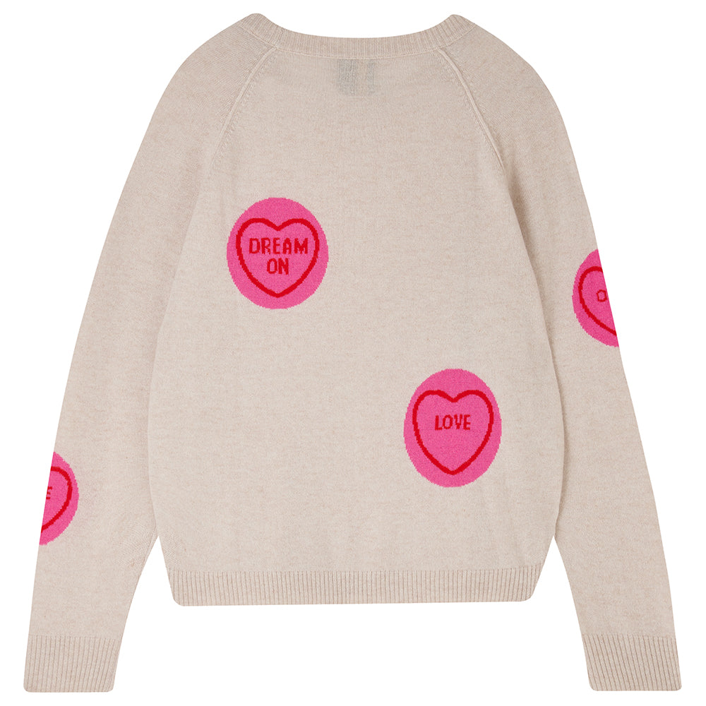Jumper1234 oatmeal cashmere and wool mix crew neck sweatshirt style jumper with all over pink and red love hearts intarsia back shot