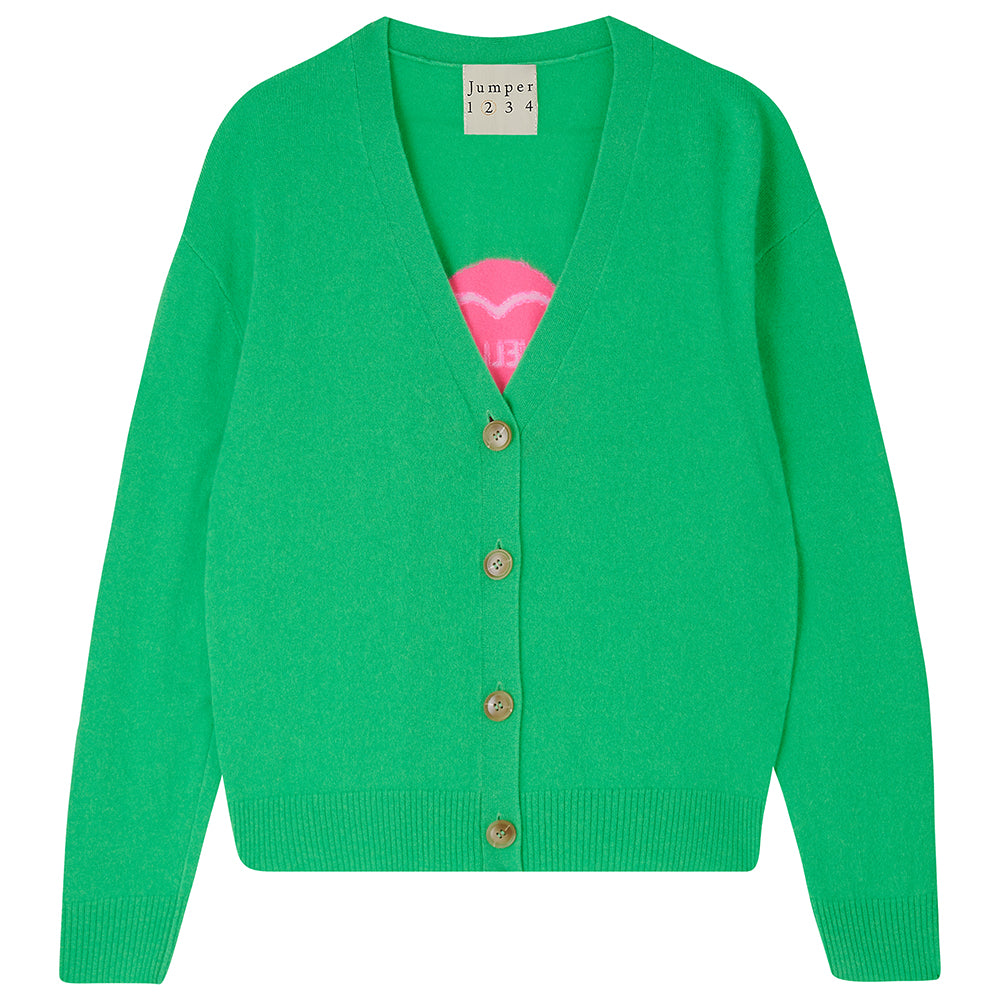 Jumper1234 Bright green cashmere vee neck cardigan with pink love heart 'hello' intarsia on the back