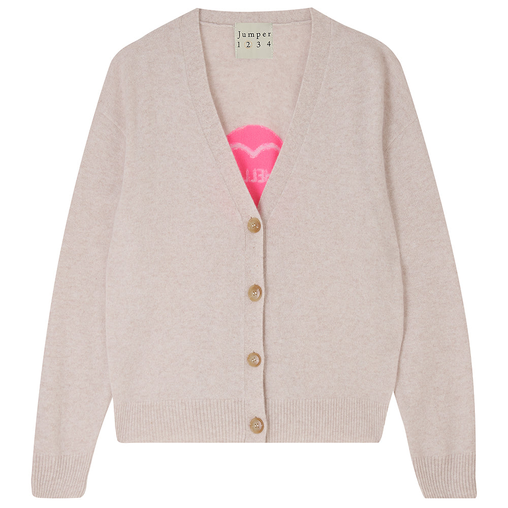 Jumper1234 Oatmeal cashmere vee neck cardigan with hot pink and pale pink love heart 'hello' intarsia on the back