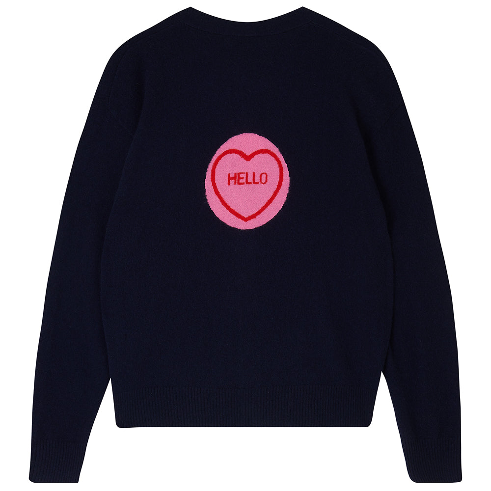 Jumper1234 Navy cashmere vee neck cardigan with pink and red love heart 'hello' intarsia on the back, back shot