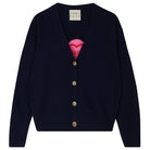 Jumper1234 Navy cashmere vee neck cardigan with pink and red love heart 'hello' intarsia on the back