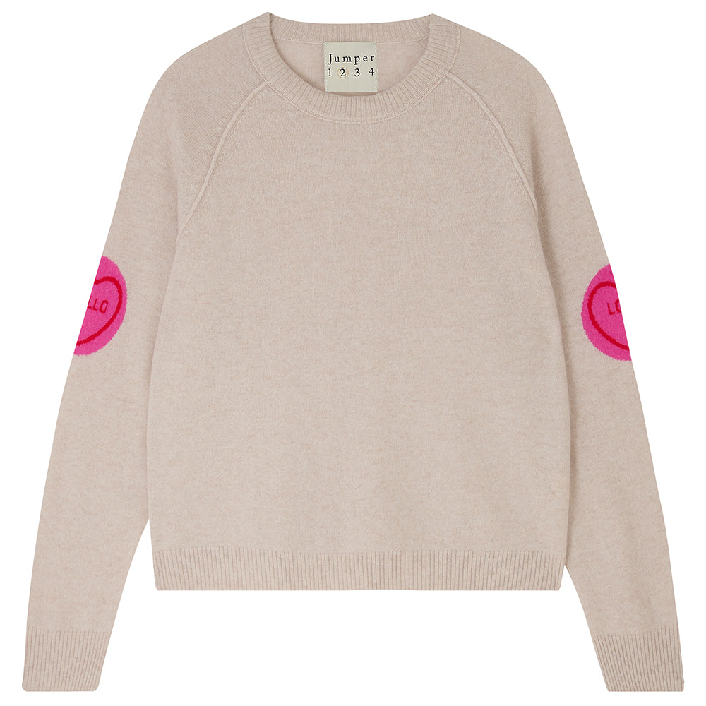 Jumper1234 Oatmeal cashmere and wool mix crew neck sweatshirt style jumper with all over pink and red love hearts intarsia on the sleeves