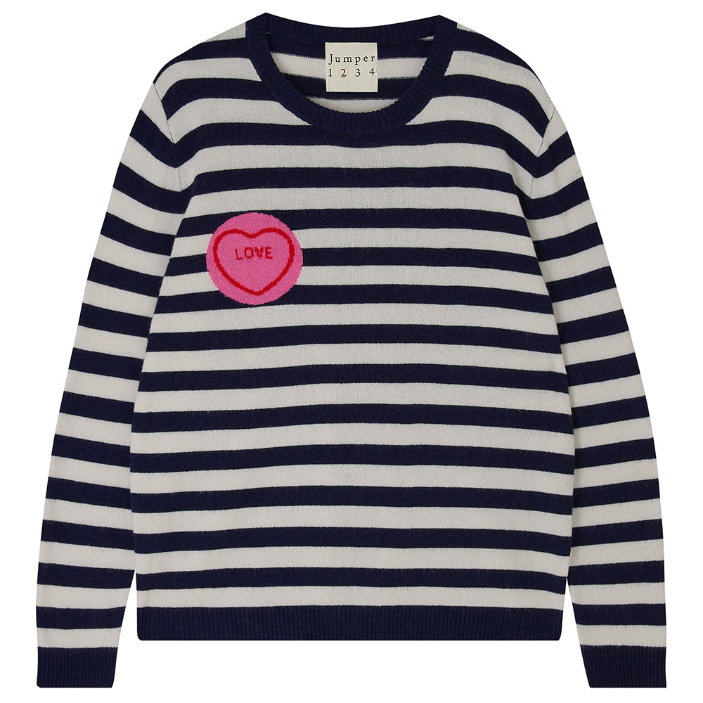 Jumper 1234 Stripe Love Hearts Cashmere Crew in Navy and Cream