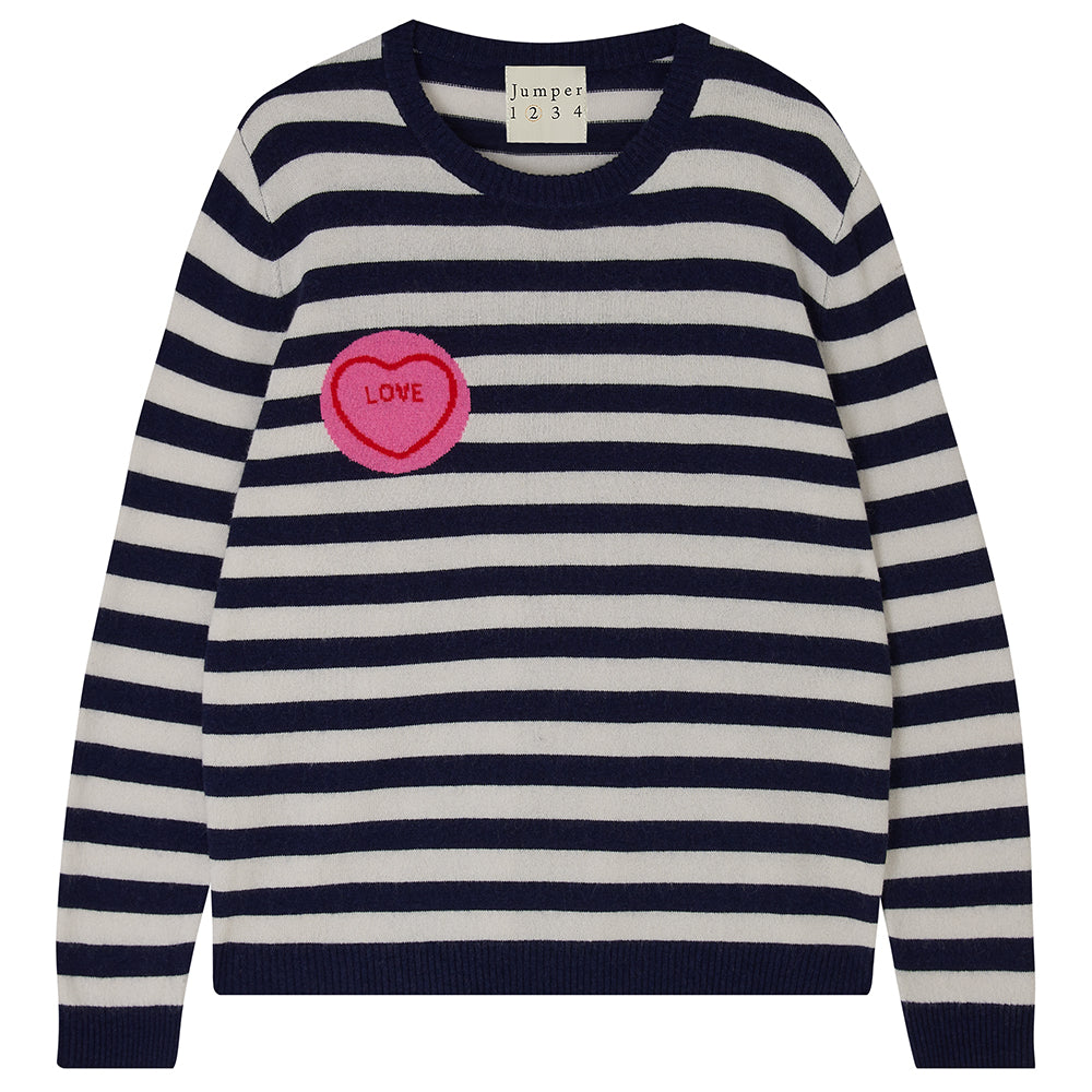 Jumper1234 Navy and cream stripe cashmere and wool mix crew neck jumper with pink and red love heart intarsia