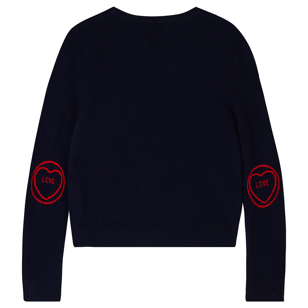 Jumper1234 Navy cashmere crew neck jumper with red love heart intarsia elbow patches back shot