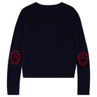 Jumper1234 Navy cashmere crew neck jumper with red love heart intarsia elbow patches back shot