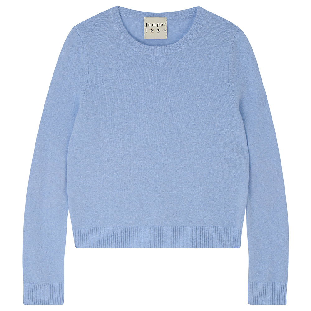 Jumper1234 Pale blue cashmere crew neck jumper with neon pink love heart intarsia elbow patches
