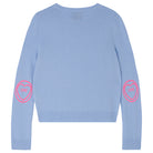 Jumper1234 Pale blue cashmere crew neck jumper with neon pink love heart intarsia elbow patches back shot