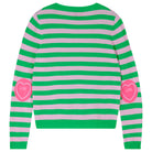 Jumper1234 Bright green and pink stripe cashmere crew neck jumper with neon pink love heart intarsia elbow patches back shot