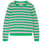 Jumper1234 Bright green and pink stripe cashmere crew neck jumper with neon pink love heart intarsia elbow patches 