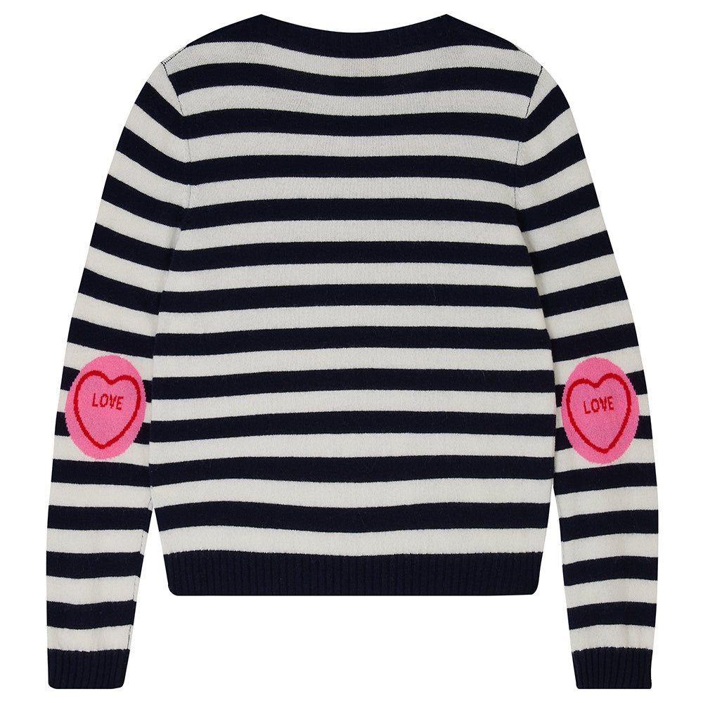 Jumper1234 Navy and cream stripe cashmere crew neck jumper with pink love heart intarsia elbow patches back shot