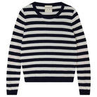 Jumper1234 Navy and cream stripe cashmere crew neck jumper with pink love heart intarsia elbow patches