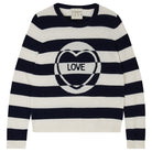 Jumper1234 Navy and cream stripe cashmere crew neck jumper with miss matched stripe love intarsia