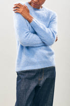 Female model wearing Jumper1234 Cashmere Brushed Crew in Blue Marl