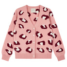 Jumper1234 pink cashmere vee neck cardigan with burgundy and cream leopard intarsia